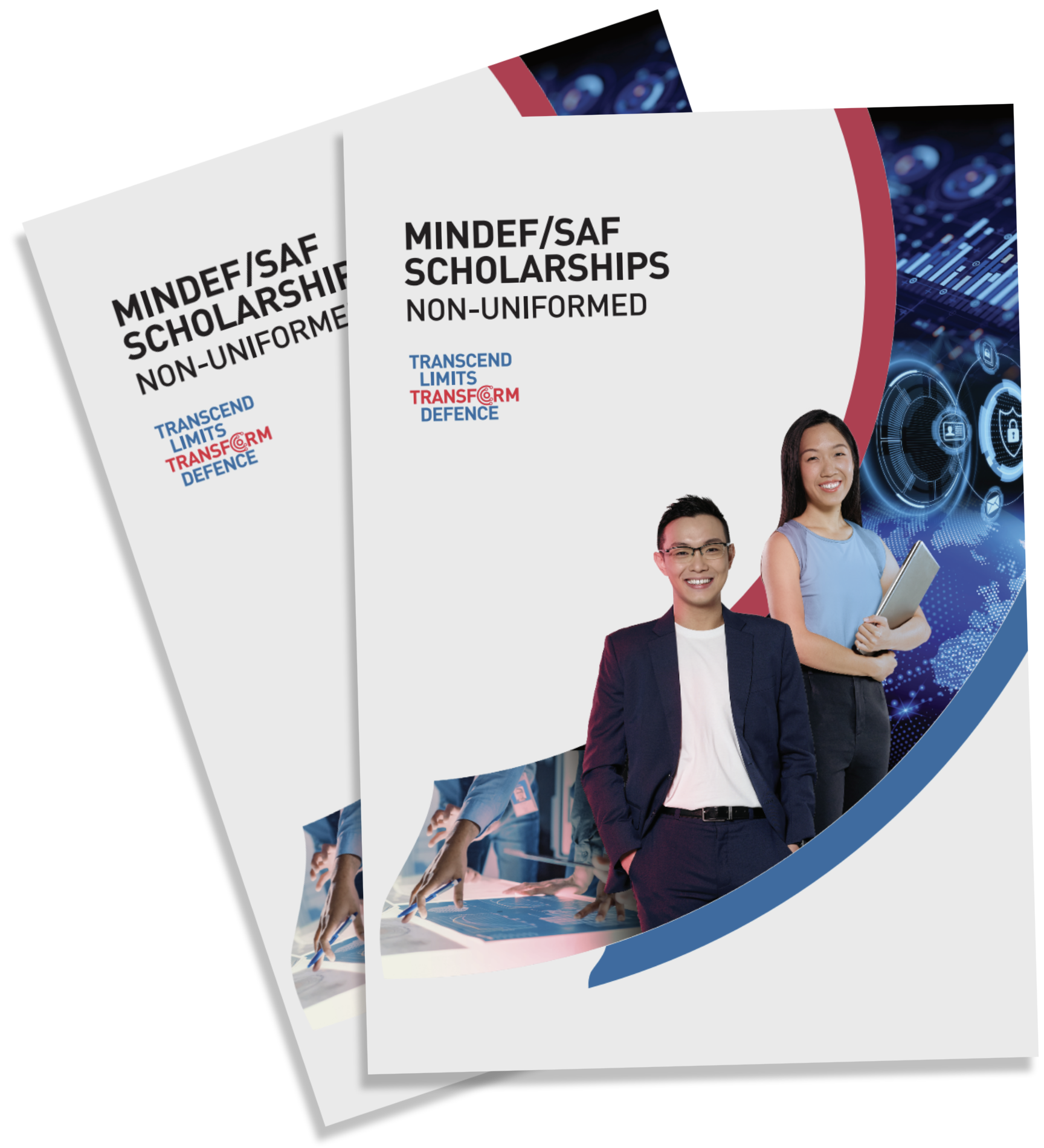 Two MINDEF/SAF Scholarships flyers; people, charts, and text: Transcend Limits Transform Defence.